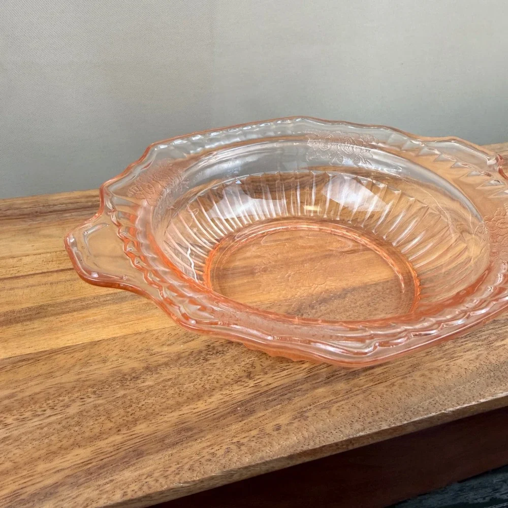 Anchor Hocking Mayfair Open Rose Pink Depression Glass Bowl Tab Handles 9.5